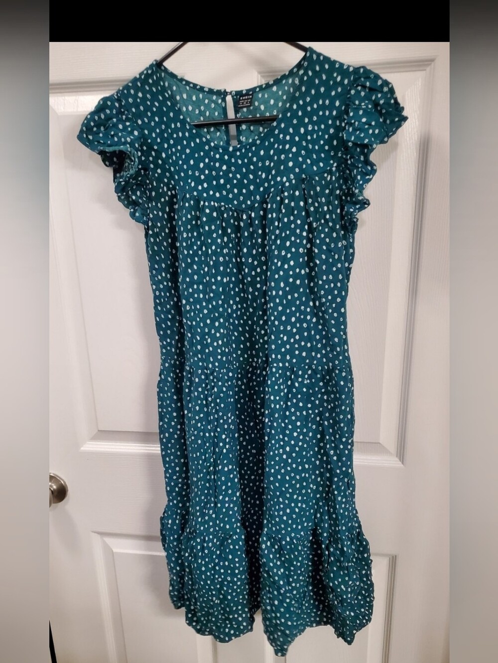 Shein Summer Polkadot Teal And White Ruffle Sleeve Dress MEDIUM